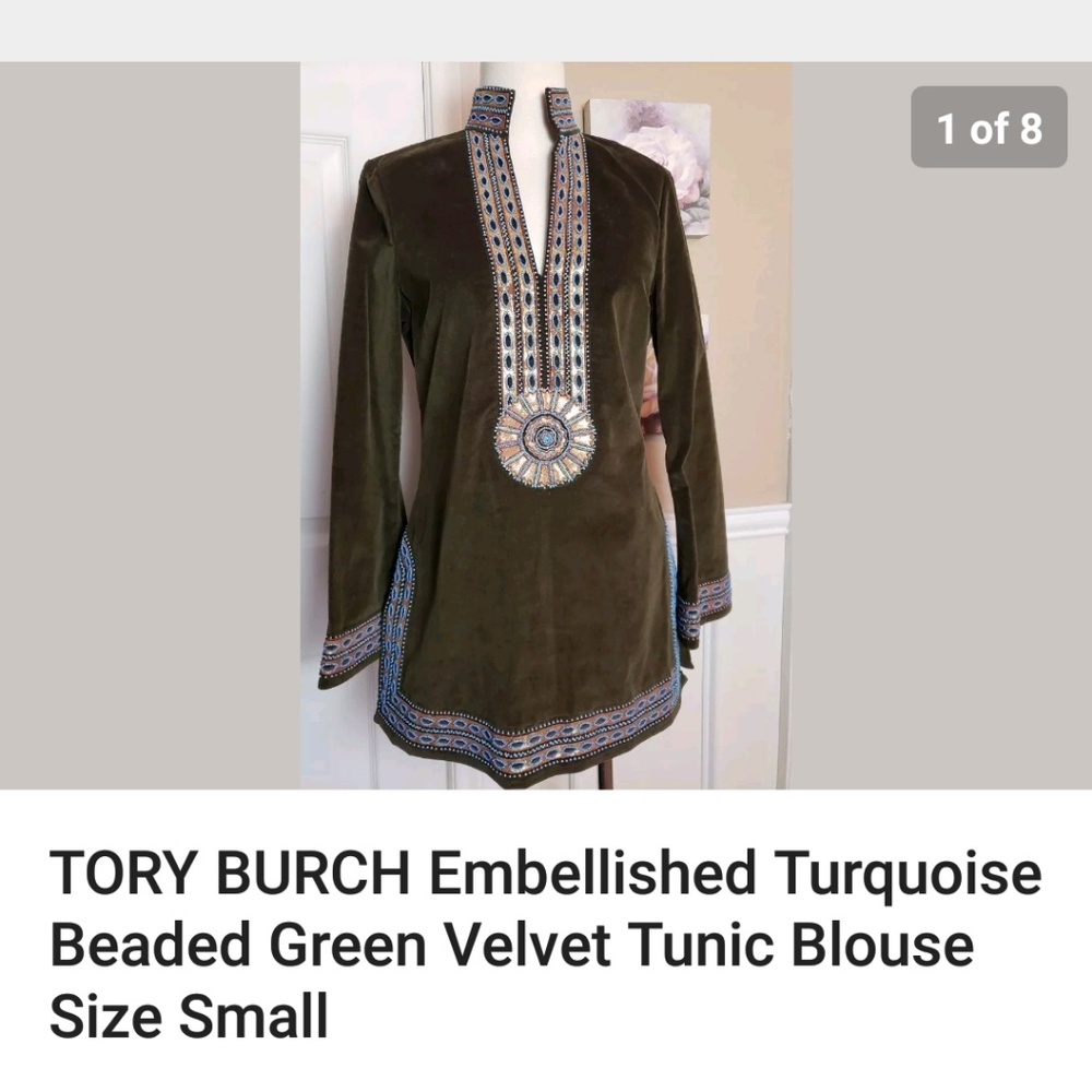 Tory Burch Green Velvet Tunic Beaded size Small - Picture 1 of 8